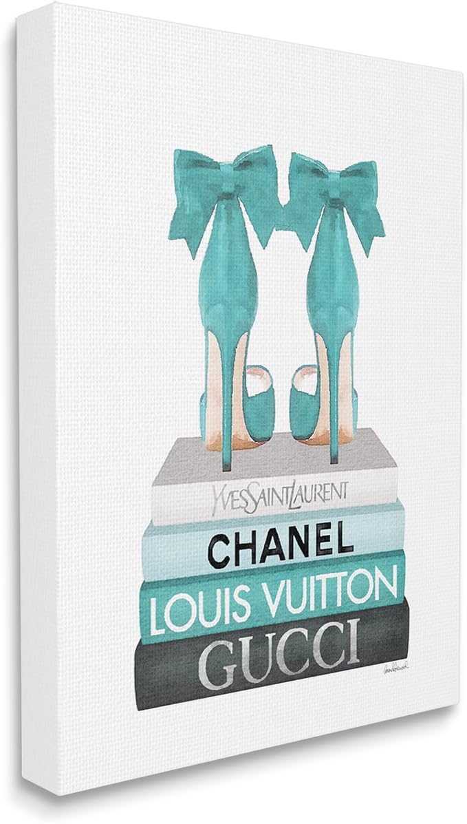 Stupell Industries 'Turquoise Bow Heels on Books', Canvas Art, 30 x 40 Inches, Easy to Hang and Sturdy, Made in USA, by Amanda Greenwood | Stupell Industries | 30 x 40 Inches, Easy to Hang and Sturdy, Made in USA, by Amanda Greenwood