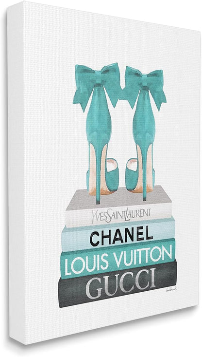 Stupell Industries 'Turquoise Bow Heels on Books', Canvas Art, 30 x 40 Inches, Easy to Hang and Sturdy, Made in USA, by Amanda Greenwood | Stupell Industries | 30 x 40 Inches, Easy to Hang and Sturdy, Made in USA, by Amanda Greenwood