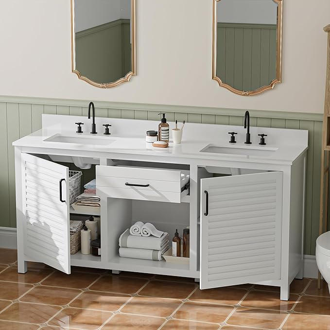 72" White Double Sink Bathroom Vanity with Quartz Countertop | Pre-Assembled Freestanding Bathroom Vanity Cabinet with Dual cUPC Ceramic Basins & Soft Close Doors