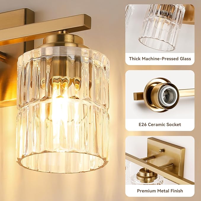 TALOYA Gold 3-Light Bathroom Vanity Light with Fluted Cylinder Glass Shade | Modern Vanity Lighting Fixtures, Bathroom Lights Over Mirror, Wall Mount Mirror Light Fixtures for Bathroom Hallway Bedroom
