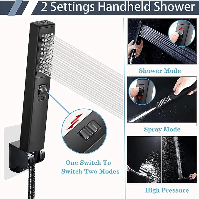 Rainfall Shower Head with Handheld Combo, Black, 10 Inch & 3 Spray Modes | 180° Adjustable with Extension Arm, Easy To Install