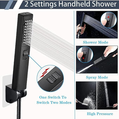 Rainfall Shower Head with Handheld Combo, Black, 10 Inch & 3 Spray Modes | 180° Adjustable with Extension Arm, Easy To Install