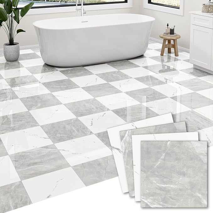 30-Pack 30 Sq.Ft Peel and Stick Floor Tiles Vinyl Matte Pattern Flooring, 12” x 12” Self Adhesive Vinyl Flooring DIY for Kitchen, Bathroom, Laundry, Light Grey&White Marble