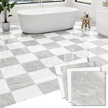 30-Pack 30 Sq.Ft Peel and Stick Floor Tiles Vinyl Matte Pattern Flooring, 12” x 12” Self Adhesive Vinyl Flooring DIY for Kitchen, Bathroom, Laundry, Light Grey&White Marble