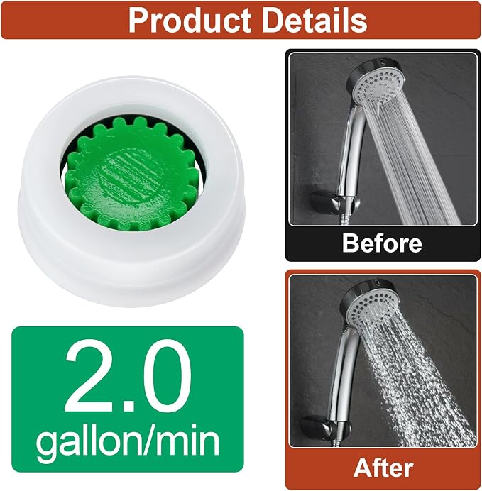 4Pcs Shower Flow Restrictor, Green Water Flow Reducer Control Value | 2.0 GPM Shower Head Water Saver, Plastic, 0.56 0.54 0.21 in, Universal Size, 14mm Connector