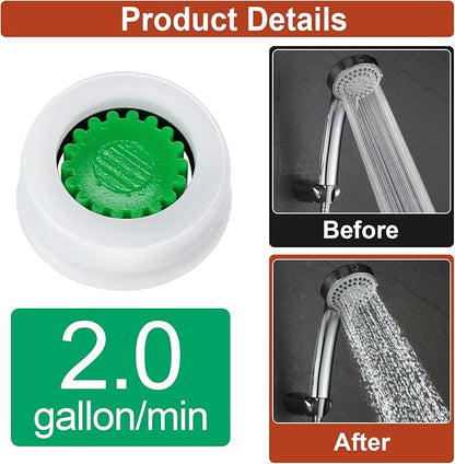 4Pcs Shower Flow Restrictor, Green Water Flow Reducer Control Value | 2.0 GPM Shower Head Water Saver, Plastic, 0.56 0.54 0.21 in, Universal Size, 14mm Connector