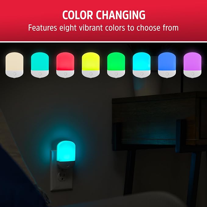 Energizer LED Color-Changing Plug in Night Light, Red, Green, Blue, Purple | Auto-On RGB Nightlight Plug into Wall for Kids, Adults, Girls, Boys, Toddlers, Bedroom, Bathroom, Hallway, 81567