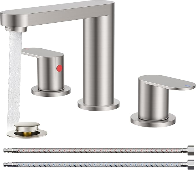 QFN Bathroom Faucet 3 Hole 8" Widespread Vanity Sink Faucet Brushed Nickel | 304 Stainless Steel Bathroom Sink Faucet with Pop-up Drain, 6-12 Inch 3 Hole Install, for RV Laundry Farmhouse Restroom Sink