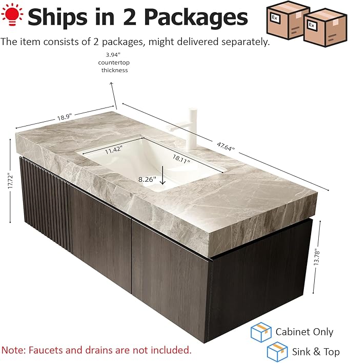 Ambrovina 48" Floating Bathroom Vanity with Sink, Modern Plywood Bathroom Storage Cabinet with Drawer and 2 Doors, Gray Sintered Stone Countertop and Ceramic Basin, Pre-Assembled, Espresso Woodgrain