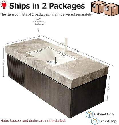 Ambrovina 48" Floating Bathroom Vanity with Sink, Modern Plywood Bathroom Storage Cabinet with Drawer and 2 Doors, Gray Sintered Stone Countertop and Ceramic Basin, Pre-Assembled, Espresso Woodgrain