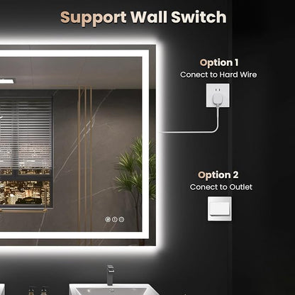 Snowdool 48 x 32 in LED Bathroom Mirror, Front and Backlit, Anti-Fog | Front and Backlit, 3 Color Temperatures, Anti-Fog, Tempered Glass