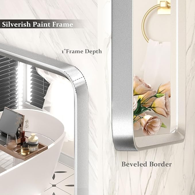 60x36 Silver Mirror for Bathroom | Silver Metal Frame, Large Rounded Rectangle Mirror, Beveled Border, Anti-Rust, Shatterproof (Horizontal/Vertical)