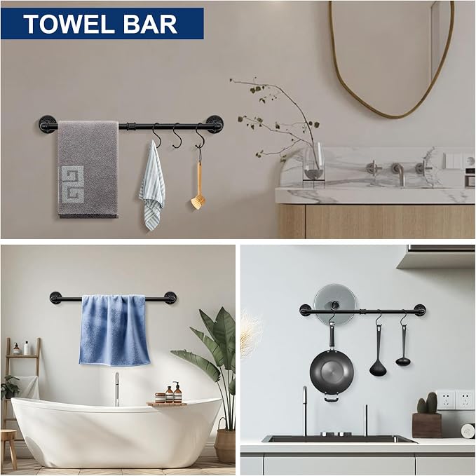 NearMoon 5-Pieces Industrial Pipe Bathroom Hardware Set, Include Towel Bar, Toilet Paper Holder and 3 Robe Hooks, Heavy Duty DIY Style Wall Mounted Rustic Decor Accessories Kit (Black, 24 Inch)