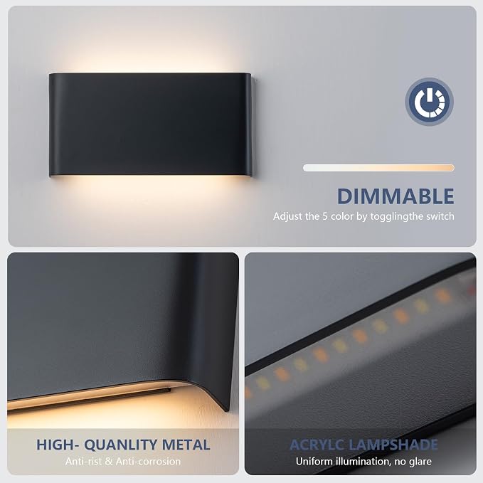 2 Pack Modern LED Wall Sconces, Hardwired Up Down Wall Light | 5CCT Adjustable 3000K-6500K. Black Aluminum Indoor Wall Sconce. Ideal for Bathroom, Bedroom, Hallway, Living Room.
