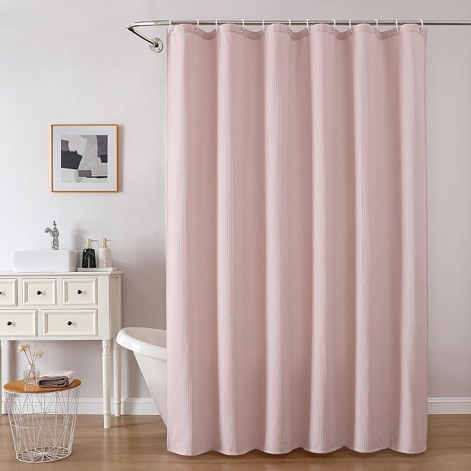 Extra Long Shower Curtain Set- 96 Inch Long Waffle Weave Heavy Duty Fabric Shower Curtains for Bathroom, Luxury Heavy Duty Thick Cloth Shower Curtain with 12 Plastic Hooks, 72x96, Blush Pink