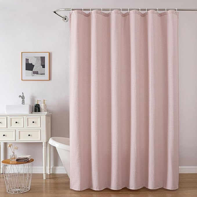 OVZME Blush Pink Shower Curtain Set, Waffle Textured Heavy Duty Fabric Shower Curtain for Bathroom, Luxury Hotel Weighted 230GSM Waterproof Bath Curtain with 12 Plastic Hooks, Machine Washable, 72x72