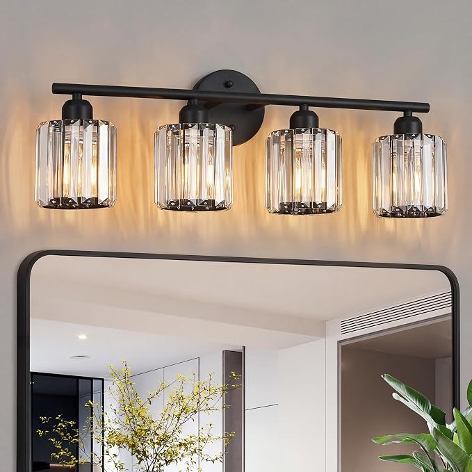 Modern 4 Light Crystal Vanity Light, Black Vertical Bathroom Light Fixture Over Mirror for Dressing Table Sink, Compatible with Dimmable Bulbs (Bulbs Not Included)