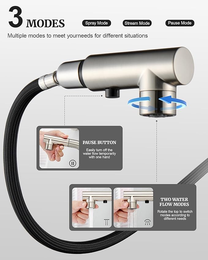 Ultimate Unicorn Brushed Nickel Single Handle Modern Bathroom Faucet with Pull Out Sprayer, 15.5" Retractable Hose, 360 Swivel Spout, Pop Up Drain, Stainless Steel, 1 Hole Installation