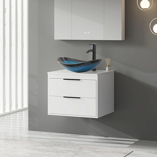 eclife 24" Floating Bathroom Vanities with Sink Combo, Wall Mounted Modern Cabinet W/Diamond Line Pattern Design, Blue Boat Glass Vessel Sink W/Water Save Faucet & Pop Up Drain, White
