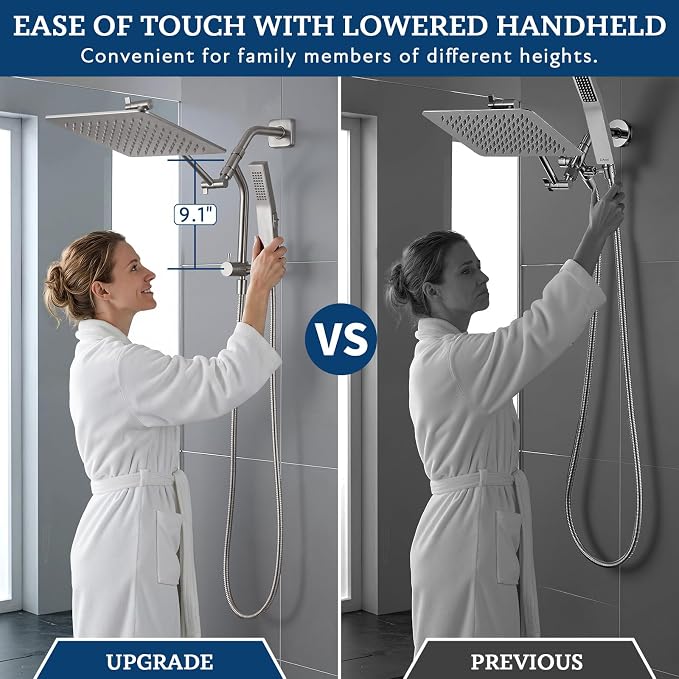 G-Promise All Metal Shower Diverter with Low Handheld Holder (Matte Black) | 10 Inch Downward-Extend Bracket for All Heights, 4 Spray Modes with Pause, Anti-Leak, Easy Install, Universal Replacement