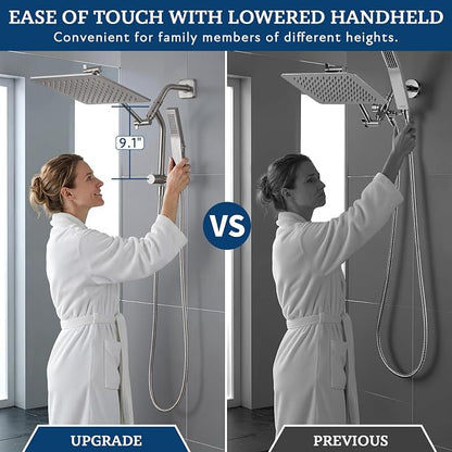 G-Promise All Metal Shower Diverter with Low Handheld Holder (Matte Black) | 10 Inch Downward-Extend Bracket for All Heights, 4 Spray Modes with Pause, Anti-Leak, Easy Install, Universal Replacement