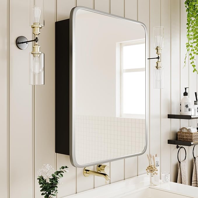 Bathroom Wood Black Cabinet with 20''x30'' Brushed Nickel Metal Frame Curved Mirror, Recessed Medicine Cabinet, Bathroom Storage Cabinet