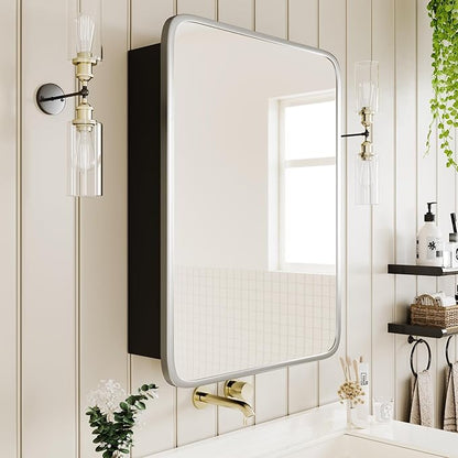 Bathroom Wood Black Cabinet with 20''x30'' Brushed Nickel Metal Frame Curved Mirror, Recessed Medicine Cabinet, Bathroom Storage Cabinet