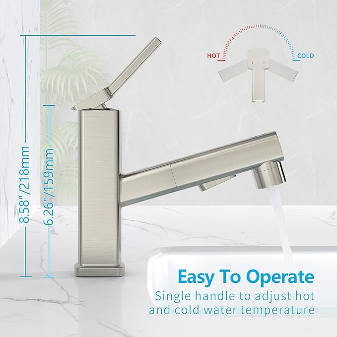MIAOHUI Pull Out Single Hole Bathroom Faucet, 3 Spray Mode Single Handle Bathroom Faucets for Sink 1 Hole, Bathroom Sink Faucet with Pull Down Sprayer, Vanity Faucet with Fountain Mode, Brushed Nickel