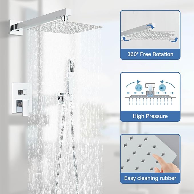 Shower Faucet Polished Chrome Shower System with 8 Inches Rain Shower Head and Handheld Spray Bathroom Luxury Rain Shower Faucet Set Complete Wall Mounted