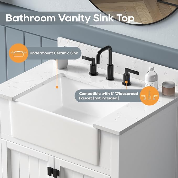 30 Inch Bathroom Vanity with Sink, Small Bathroom Vanity with Apron Farm Sink, Modern Bathroom Storage Cabinet with Soft-Closing Doors, Solid Wood Frame, Adjustable Feet, White