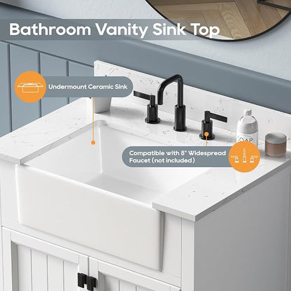 30 Inch Bathroom Vanity with Sink, Small Bathroom Vanity with Apron Farm Sink, Modern Bathroom Storage Cabinet with Soft-Closing Doors, Solid Wood Frame, Adjustable Feet, White