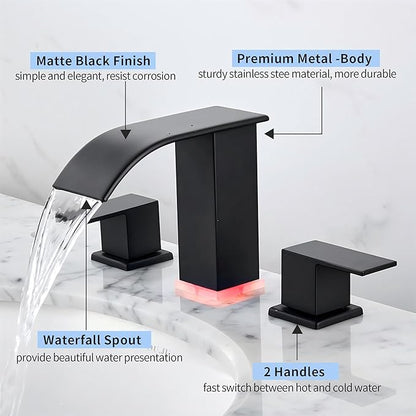 Bathroom faucets 3 Hole Widespread Modern Bathroom Sink Faucet 8 inch Matte Black Bathroom 3 Hole LED Light Waterfall Vanity Faucet Sink with Pop Up Drain (Matte Black)