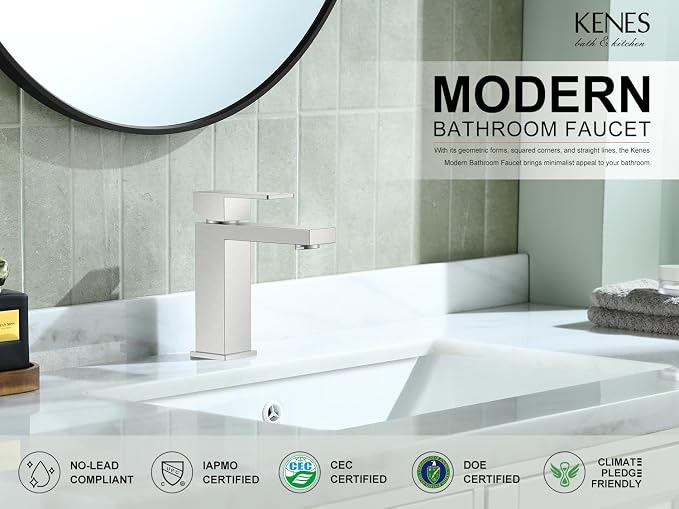 Brushed Nickel Bathroom Faucet 1 Hole, Single Handle Vanity Faucet | Bathroom Sink Faucet with Pop Up Drain & Supply Lines, Lead-Free cUPC & NSF Certified, 1 Handle Faucet for Vanity RV Restroom