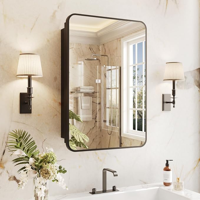 Medicine Cabinet Mirror 16x24 Inch, Black Bathroom Mirror Cabinet with Stepless Adjustable Shelves, Rounded Rectangle Metal Framed, Bathroom Mirror with Storage Recessed or Wall Mount