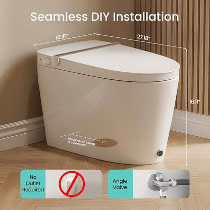 R&T W5203-2 Tankless Smart Toilet Touchless Auto Flush 1.1/1.6 GPF Dual Flush, Battery-Operated One-Piece Intelligent Toilet for Bathroom, Foot Kick & Manual, Non-Electric Bidet
