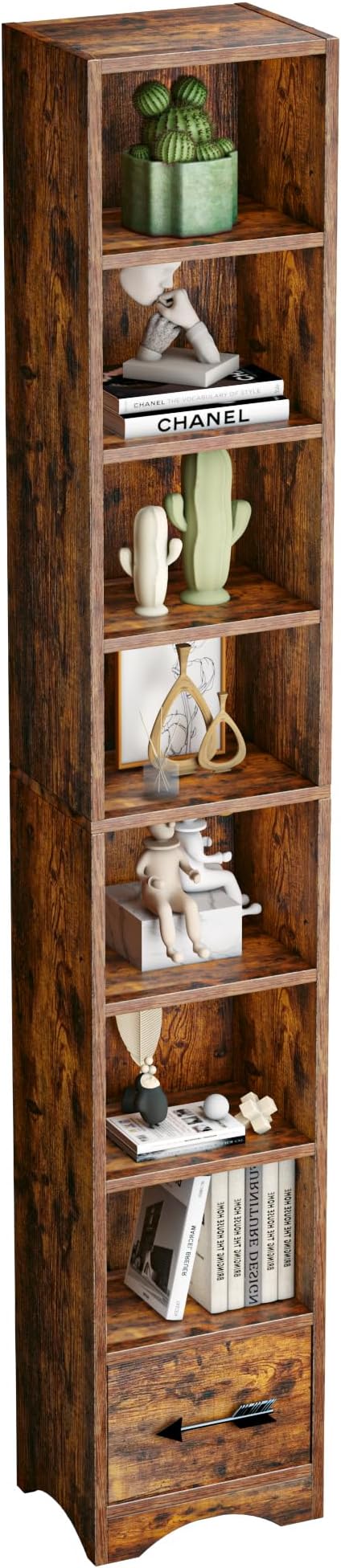 VECELO Tall Narrow Bookshelf with Drawer, 6 Adjustable Movable Shelves, Wood Space Saving Corner Storage Cabinet for Bathroom Bedroom, Retro Brown