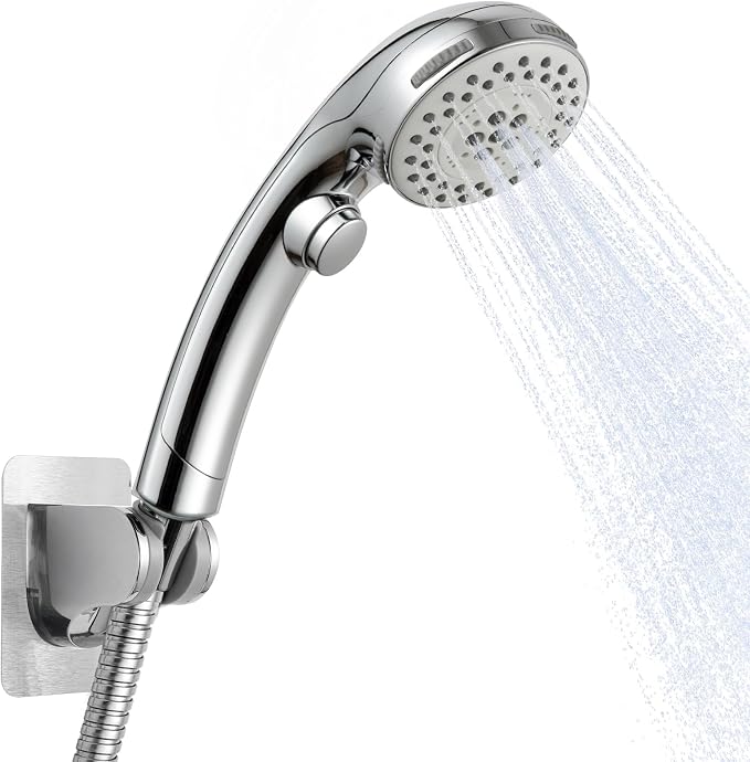 OFFO Handheld Shower Head with Adjustable Shower Head Holder, 5 Mode Handheld Shower Head with On Off Switch for Water Saving, High Flow Showerheads with 60" Stainless Steel Hose, Silver