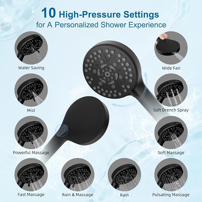 Hibbent All Metal 12" High Pressure Rain Shower Head Combo, Matte Black | cUPC Certified Rainfall Shower Head with handheld 10 Sprays, 16'' Adjustable Extension Arm, 71'' Hose, Showerhead Holder