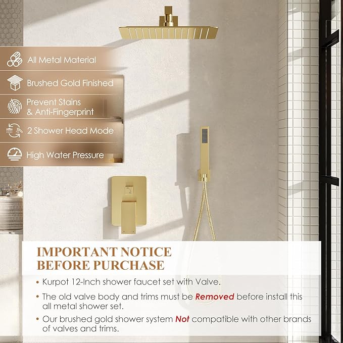 Shower System, Gold Shower Faucet Set with Shower Valve and Trim Kit, 12 Inch Rain Shower Head with Handheld Spray, Brushed Gold Shower Head and Handle Set, High Pressure Shower Head System