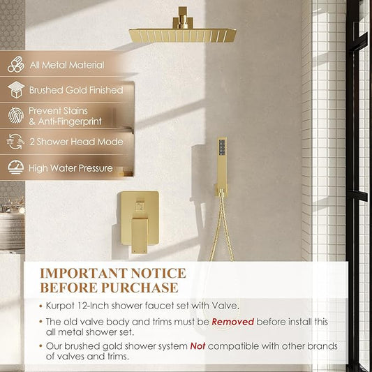 Shower System, Gold Shower Faucet Set with Shower Valve and Trim Kit, 12 Inch Rain Shower Head with Handheld Spray, Brushed Gold Shower Head and Handle Set, High Pressure Shower Head System