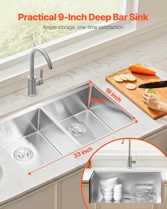 VEVOR 33 inch Kitchen Double Sink, 304 Stainless Steel Undermount Sink Drop-In Single Bowl Farmhouse Basin with Ledge & Multiple Accessories, Household Dishwasher Sinks for Prep Kitchen, Bar 33"*19"
