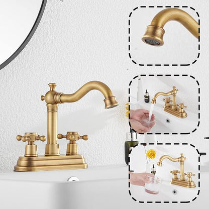 Bathroom Faucet Antique Brass GGStudy 2 Handles 4 Inches Centerset Bathroom Vanity with Drain Assembly and Supply Hose Lavatory Faucet Mixer Double Handle Tap