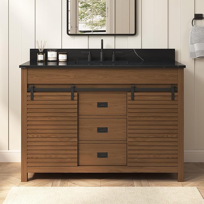48 Inch Bathroom Vanity with Sink, Farmhouse Solid Wood Frame Vanity with Sink, Sliding Barn Door Bathroom Storage Cabinet with Soft-Closing Dovetail Drawers, Brown Oak