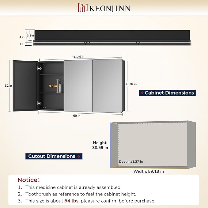 Keonjinn 60 x 32 Inch Large Black Medicine Cabinets, Recessed Bathroom Medicine Cabinet, Black Stainless Steel Framed, Sturdy & Heavy, Stepless Adjustable Shelves, 3 Doors, Large Mirror with Storage