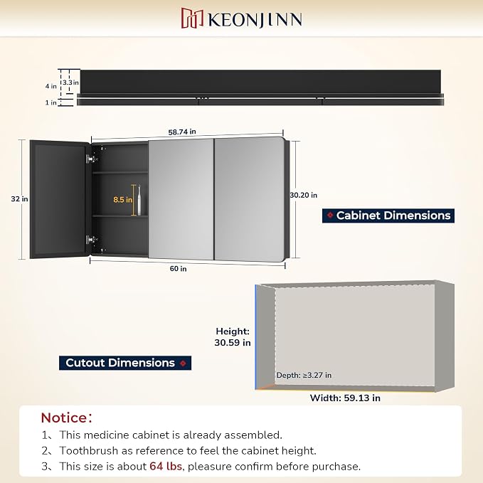 Keonjinn 60"x32" Black Recessed Medicine Cabinet with Mirror, Oversized | Stainless Steel Framed, Adjustable Shelves, In Wall or Surface Mount, Soft Close DTC Hinge, 3 Doors Bathroom Medicine Cabinet