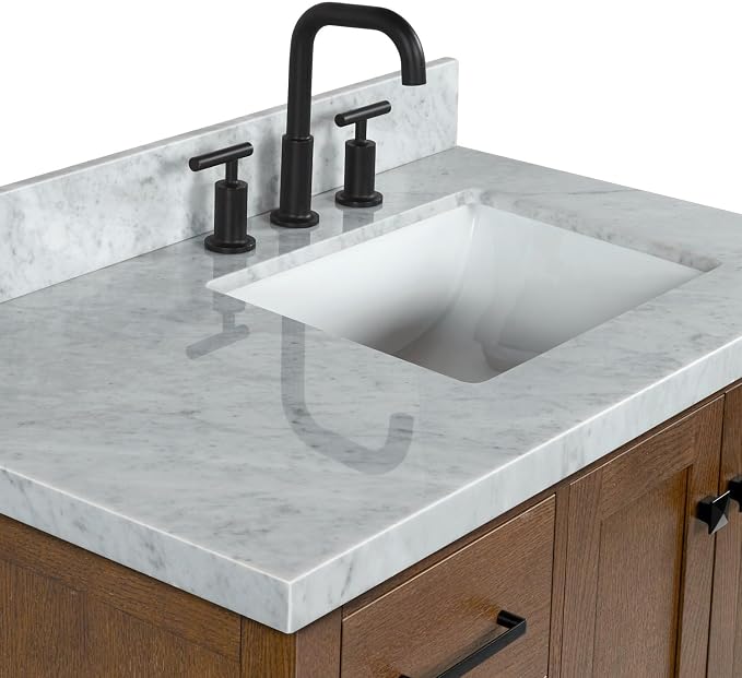 ARIEL Cambridge 36-inch Bathroom Vanity with Sink,Solid Wood, 1.5-inch Italian Carrara Marble Countertop, Single Rectangular Porcelain Sink, 2 Soft Closing Doors, 5 Dovetail Drawers, Brown Oak