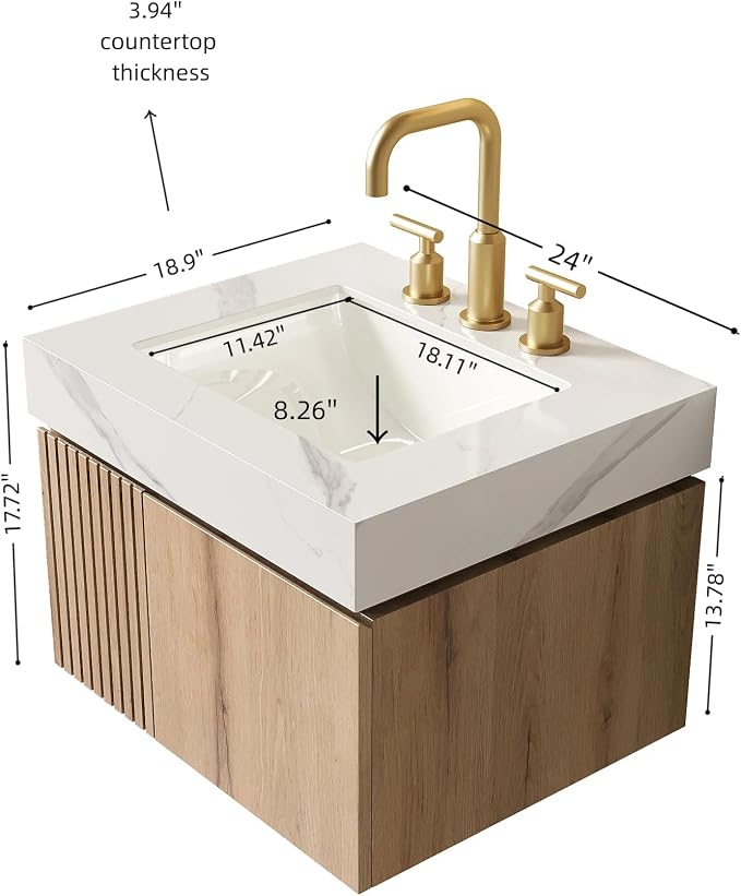 KEIKI 24 Inch Floating Bathroom Vanity with Sink, White Oak & White | Modern Wall Mounted Storage Cabinet with 2 Doors, Pre-assembled Wood Panels, Sintered Stone Top & Ceramic Basin Combo Set
