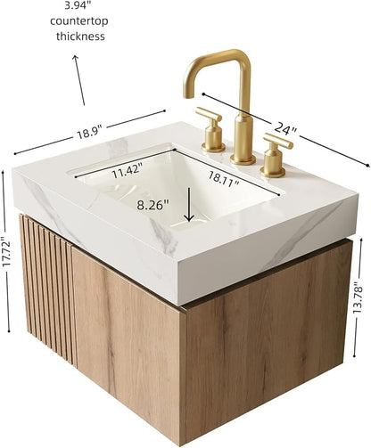 KEIKI 24 Inch Floating Bathroom Vanity with Sink, White Oak & White | Modern Wall Mounted Storage Cabinet with 2 Doors, Pre-assembled Wood Panels, Sintered Stone Top & Ceramic Basin Combo Set