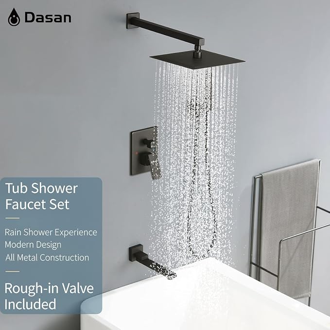 DASAN Tub Shower Faucets Sets Complete Matte Black Bathtub Shower System with Tub Spout, Bathtub Faucet Set Tub and Shower Faucet Combo Trim Kit with Rough-in Valve