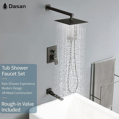 DASAN Tub Shower Faucets Sets Complete Matte Black Bathtub Shower System with Tub Spout, Bathtub Faucet Set Tub and Shower Faucet Combo Trim Kit with Rough-in Valve